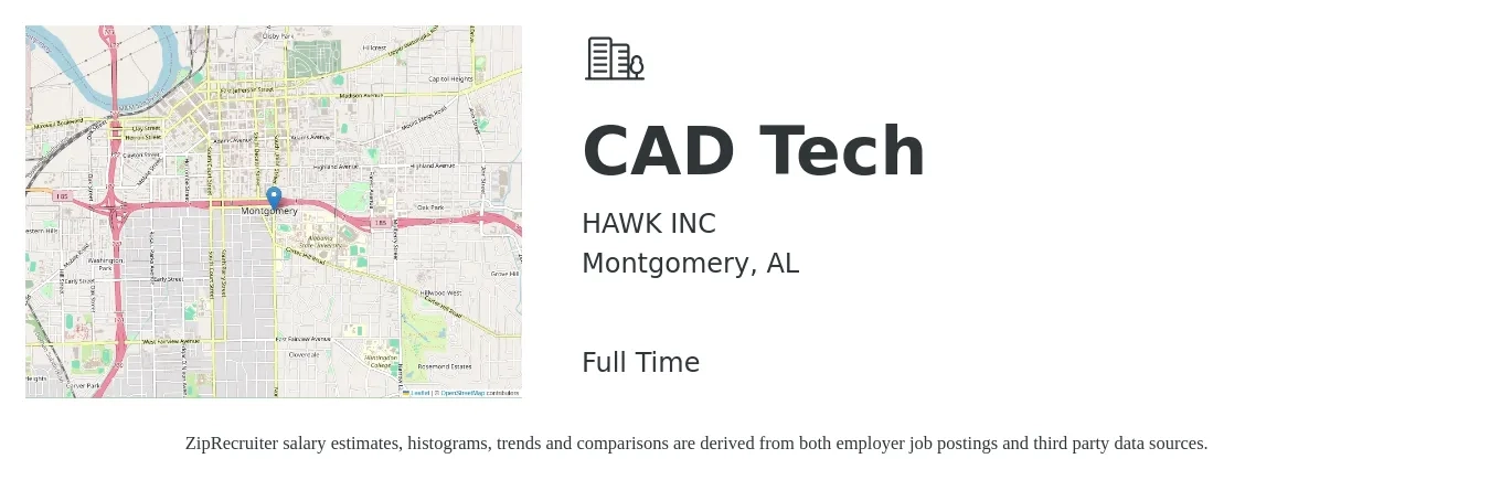 HAWK INC job posting for a CAD Tech in Montgomery, AL with a map of Montgomery location.