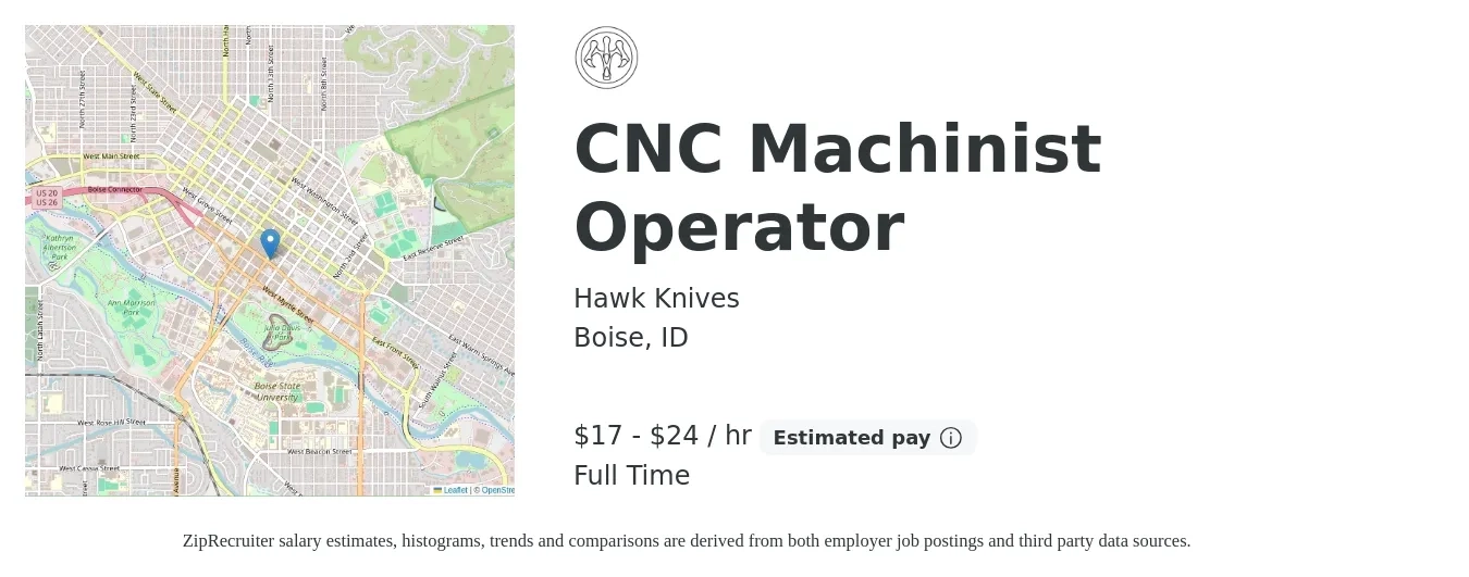 Hawk Knives job posting for a CNC Machinist Operator in Boise, ID with a salary of $18 to $25 Hourly with a map of Boise location.
