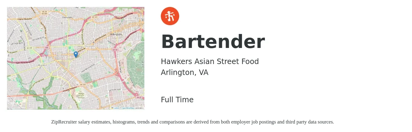Hawkers Asian Street Food job posting for a Bartender in Arlington, VA with a salary of $12 to $22 Hourly with a map of Arlington location.