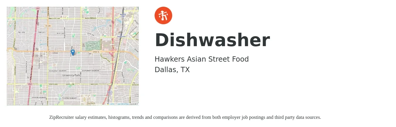 Hawkers Asian Street Food job posting for a Dishwasher in Dallas, TX with a salary of $13 to $16 Hourly with a map of Dallas location.