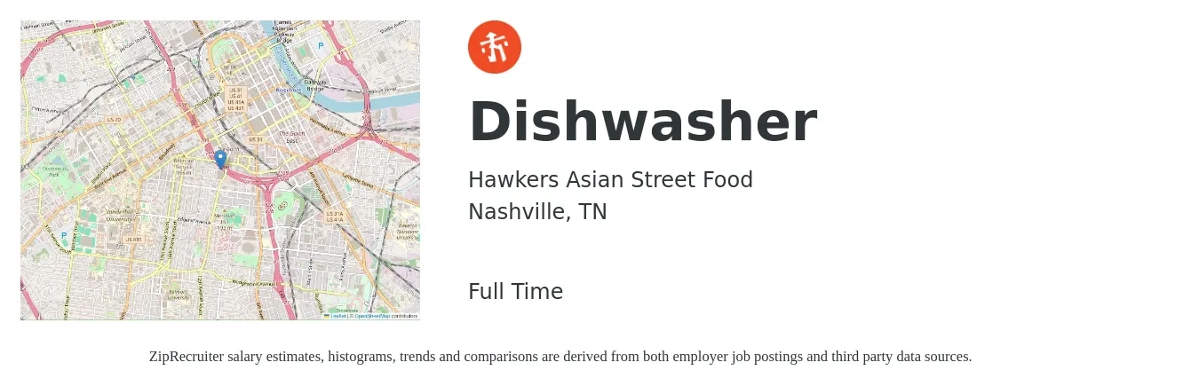 Hawkers Asian Street Food job posting for a Dishwasher in Nashville, TN with a salary of $12 to $16 Hourly with a map of Nashville location.