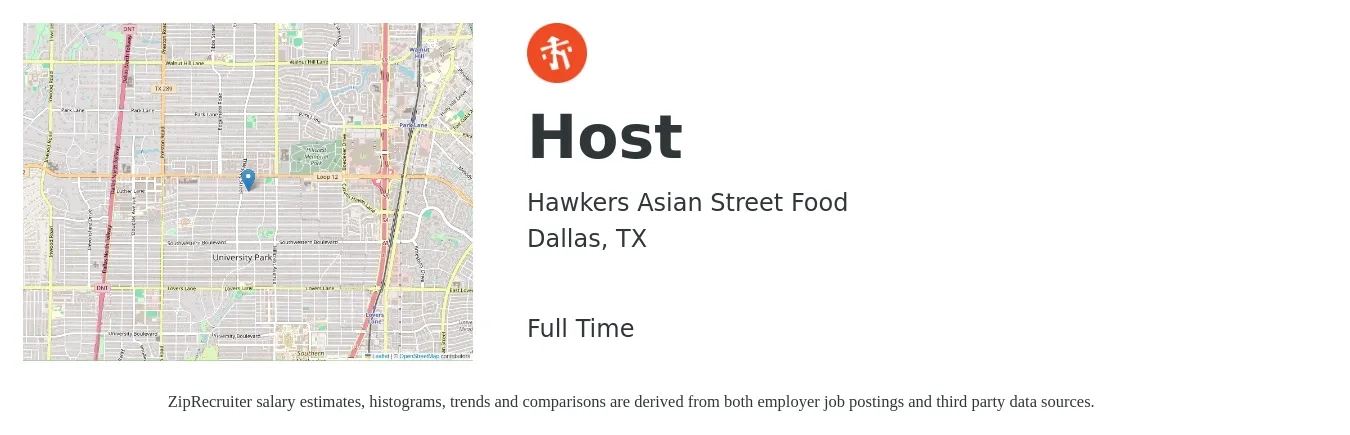 Hawkers Asian Street Food job posting for a Host in Dallas, TX with a salary of $12 to $16 Hourly with a map of Dallas location.
