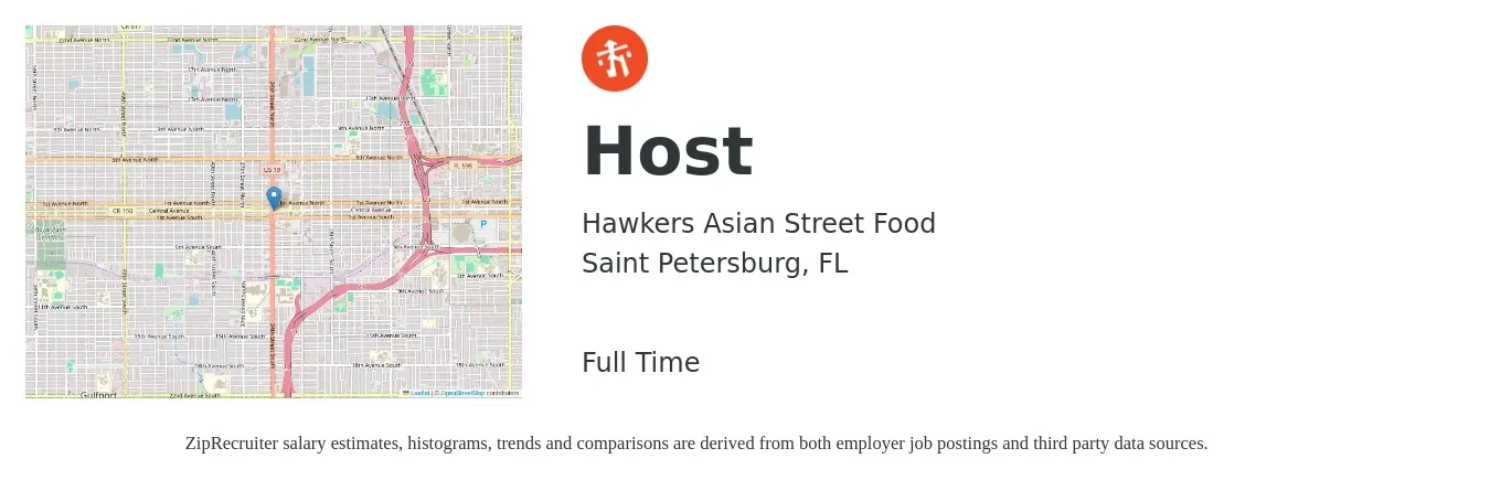 Hawkers Asian Street Food job posting for a Host in Saint Petersburg, FL with a salary of $12 to $16 Hourly with a map of Saint Petersburg location.