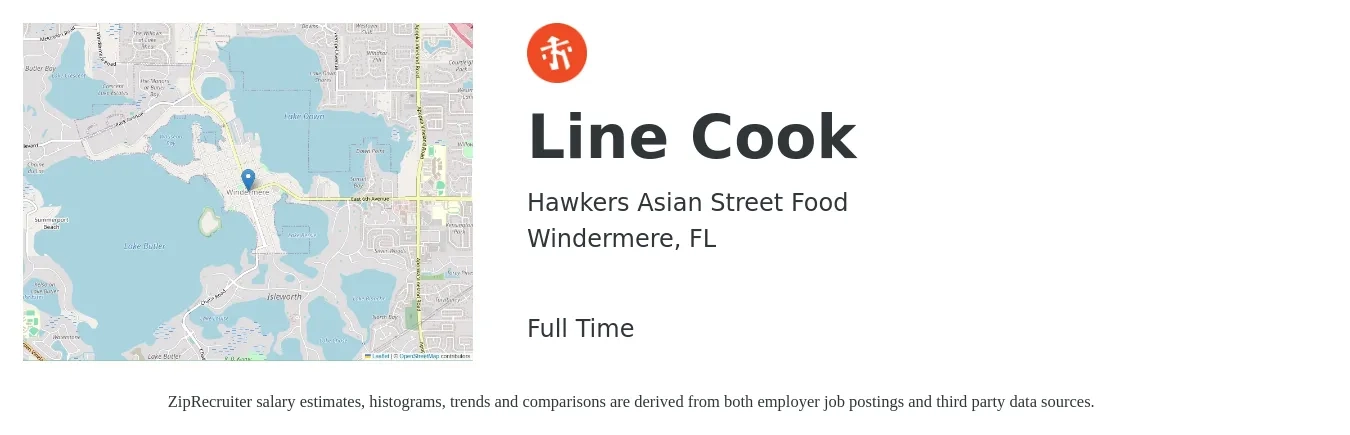 Hawkers Asian Street Food job posting for a Line Cook in Windermere, FL with a salary of $14 to $18 Hourly with a map of Windermere location.