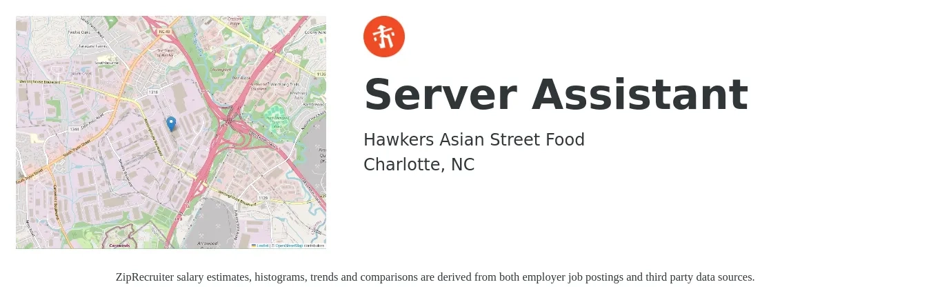 Hawkers Asian Street Food job posting for a Server Assistant in Charlotte, NC with a salary of $10 to $15 Hourly with a map of Charlotte location.