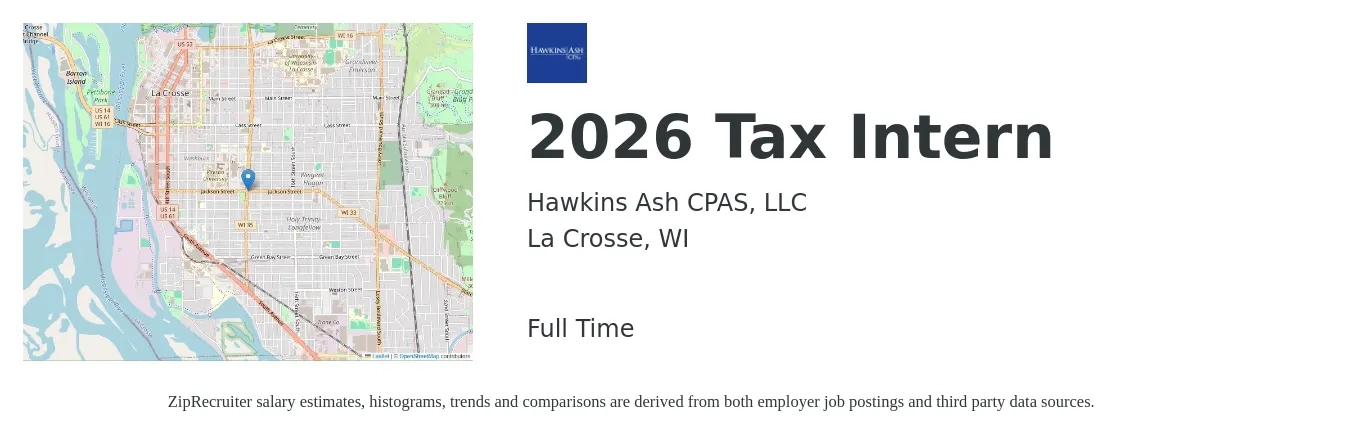 Hawkins Ash CPAS, LLC job posting for a 2026 Tax Intern in La Crosse, WI with a salary of $18 to $24 Hourly with a map of La Crosse location.