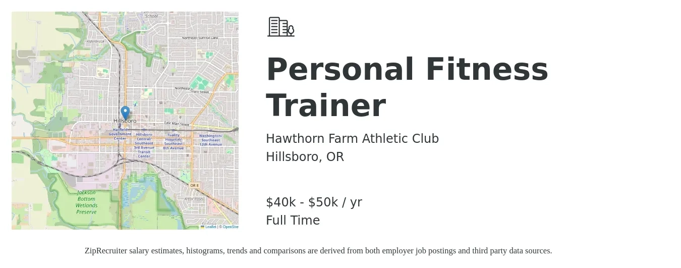 Hawthorn Farm Athletic Club job posting for a Personal Fitness Trainer in Hillsboro, OR with a salary of $40,000 to $50,000 Yearly with a map of Hillsboro location.