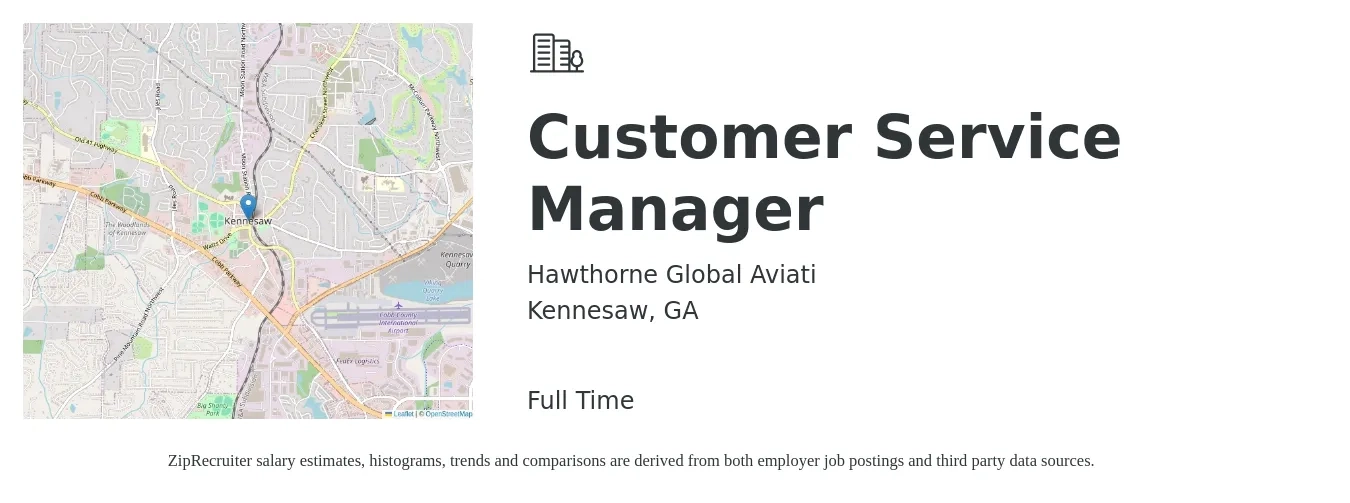 Hawthorne Global Aviati job posting for a Customer Service Manager in Kennesaw, GA with a salary of $37,900 to $64,700 Yearly with a map of Kennesaw location.