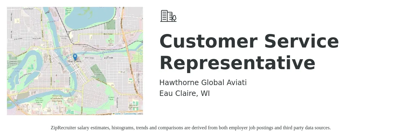 Hawthorne Global Aviati job posting for a Customer Service Representative in Eau Claire, WI with a salary of $16 to $22 Hourly with a map of Eau Claire location.