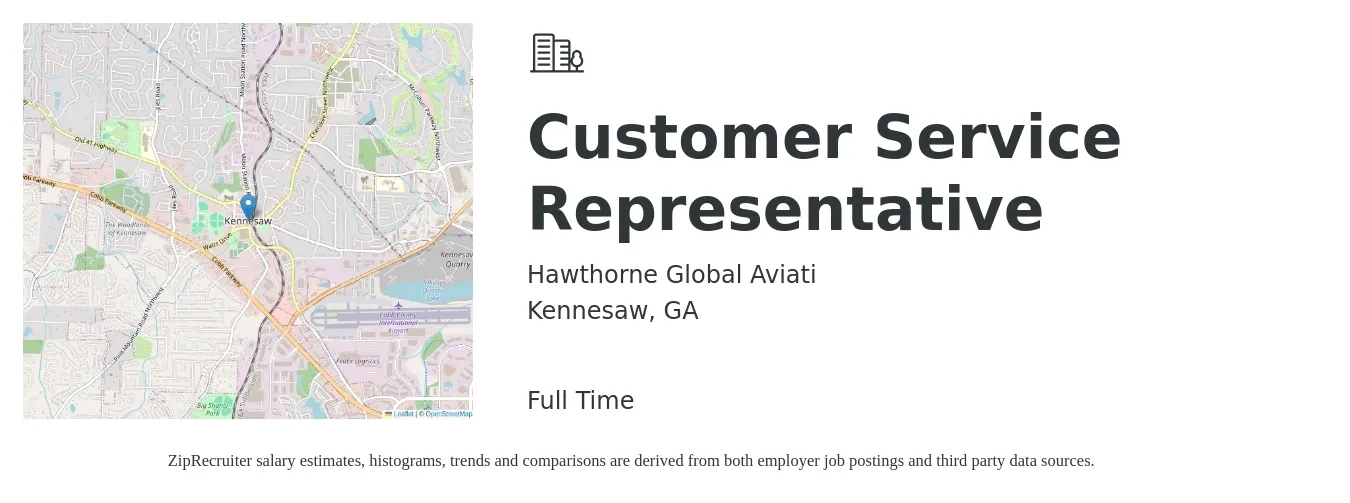 Hawthorne Global Aviati job posting for a Customer Service Representative in Kennesaw, GA with a salary of $15 to $20 Hourly with a map of Kennesaw location.