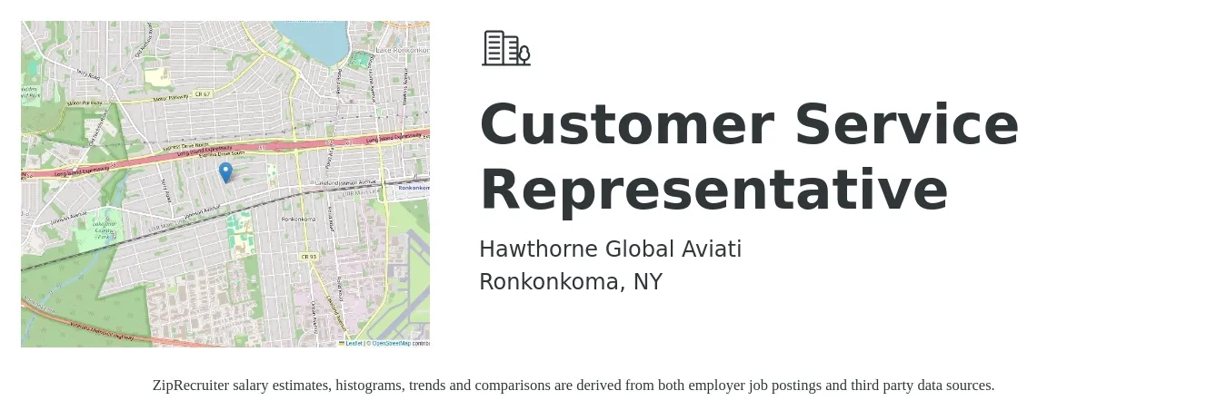 Hawthorne Global Aviati job posting for a Customer Service Representative in Ronkonkoma, NY with a salary of $17 to $23 Hourly with a map of Ronkonkoma location.