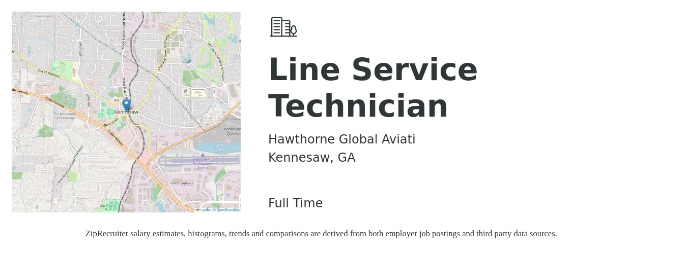 Hawthorne Global Aviati job posting for a Line Service Technician in Kennesaw, GA with a salary of $15 to $18 Hourly with a map of Kennesaw location.