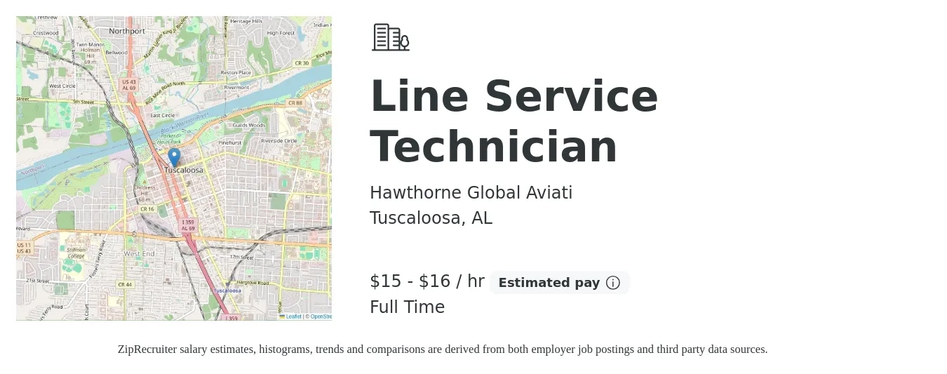 Hawthorne Global Aviati job posting for a Line Service Technician in Tuscaloosa, AL with a salary of $15 to $17 Hourly with a map of Tuscaloosa location.