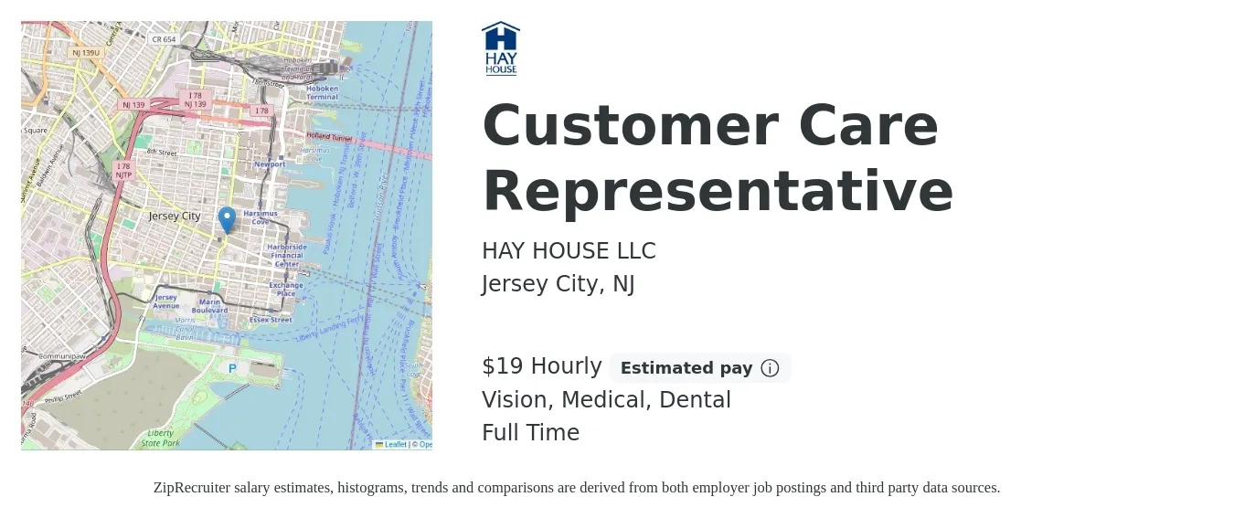 HAY HOUSE LLC job posting for a Customer Care Representative in Jersey City, NJ with a salary of $20 Hourly and benefits including vision, dental, life_insurance, medical, and retirement with a map of Jersey City location.
