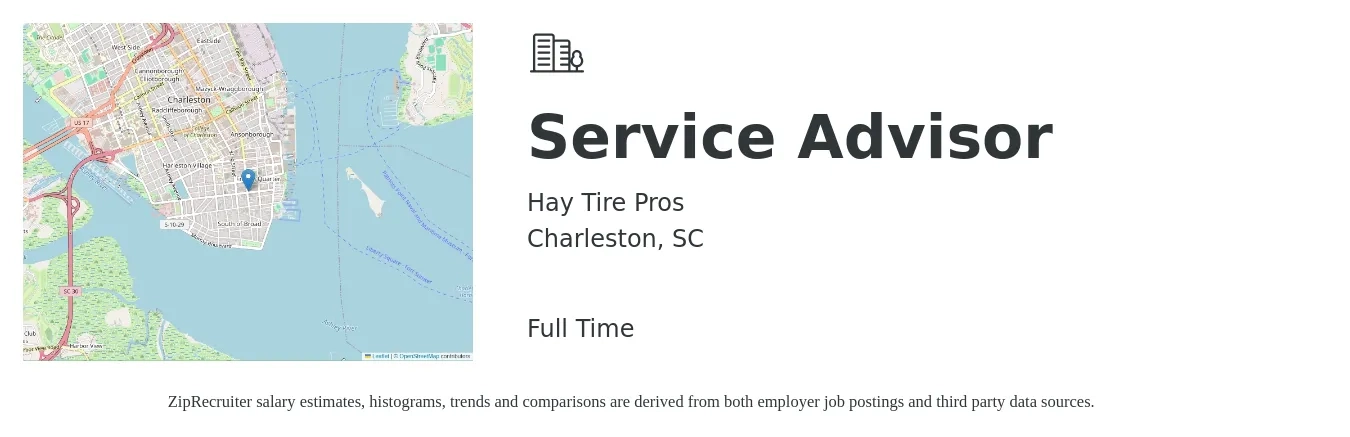 Hay Tire Pros job posting for a Service Advisor in Charleston, SC with a salary of $18 to $25 Hourly with a map of Charleston location.