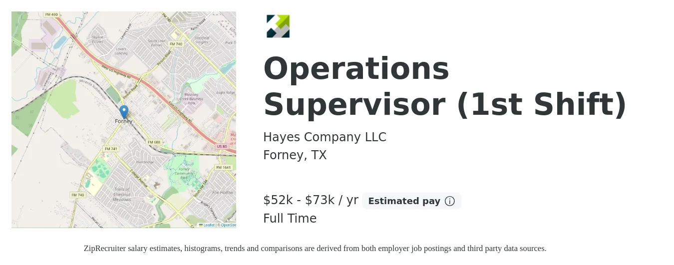 Hayes Company LLC job posting for a Operations Supervisor (1st Shift) in Forney, TX with a salary of $52,000 to $73,000 Yearly with a map of Forney location.