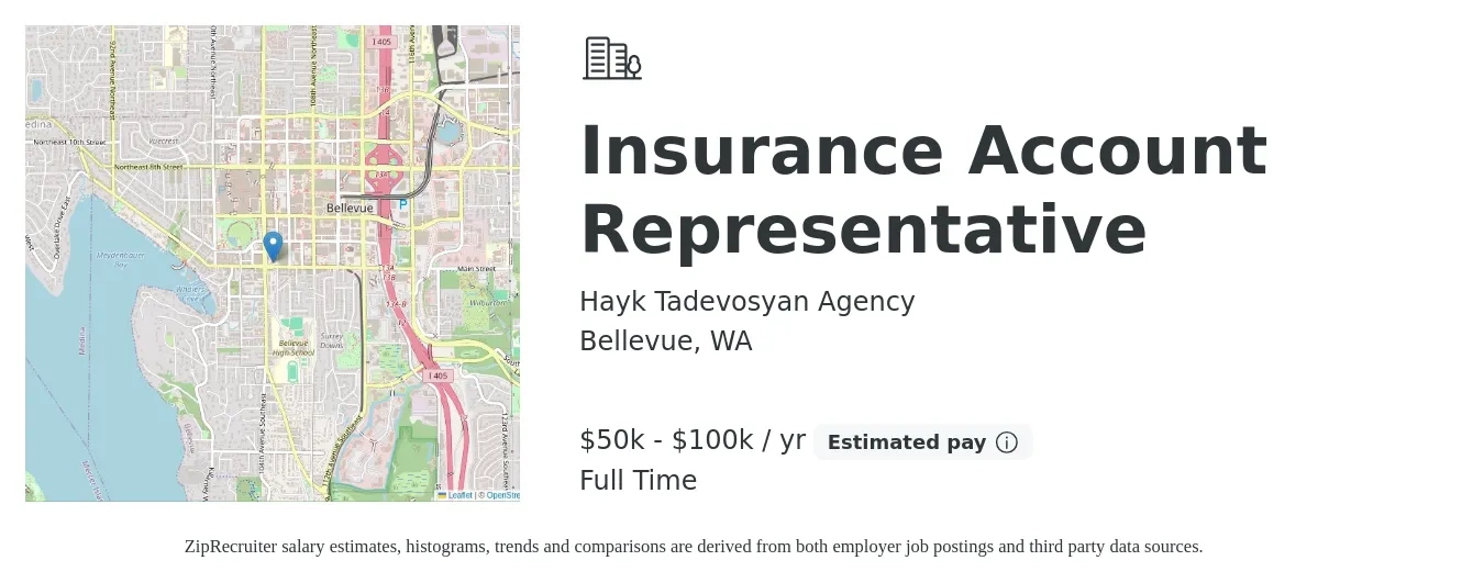 Hayk Tadevosyan Agency job posting for a Insurance Account Representative in Bellevue, WA with a salary of $50,000 to $100,000 Yearly with a map of Bellevue location.