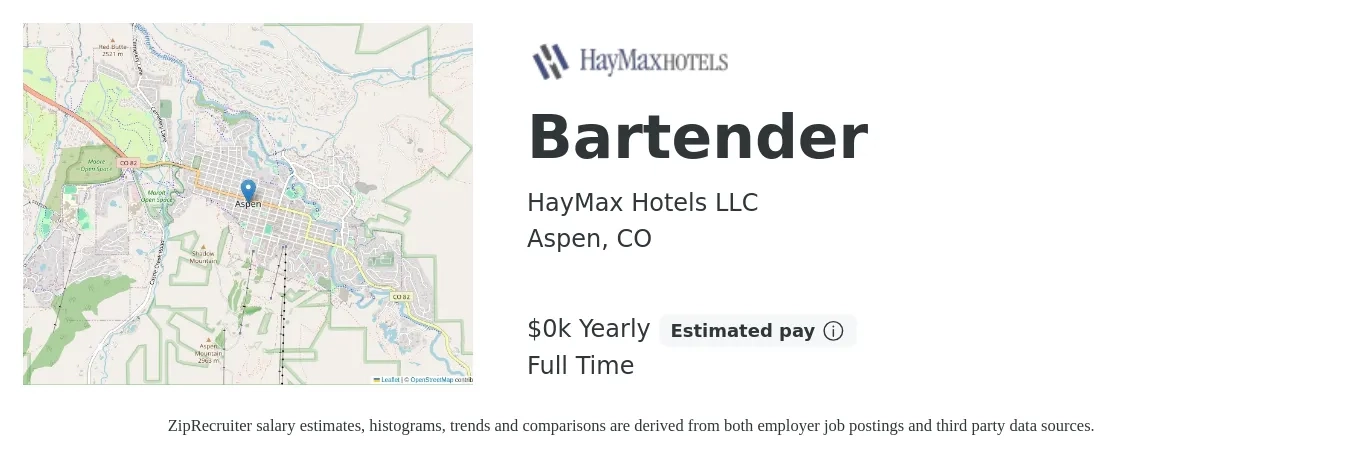 HayMax Hotels LLC job posting for a Bartender in Aspen, CO with a salary of $14 Yearly with a map of Aspen location.