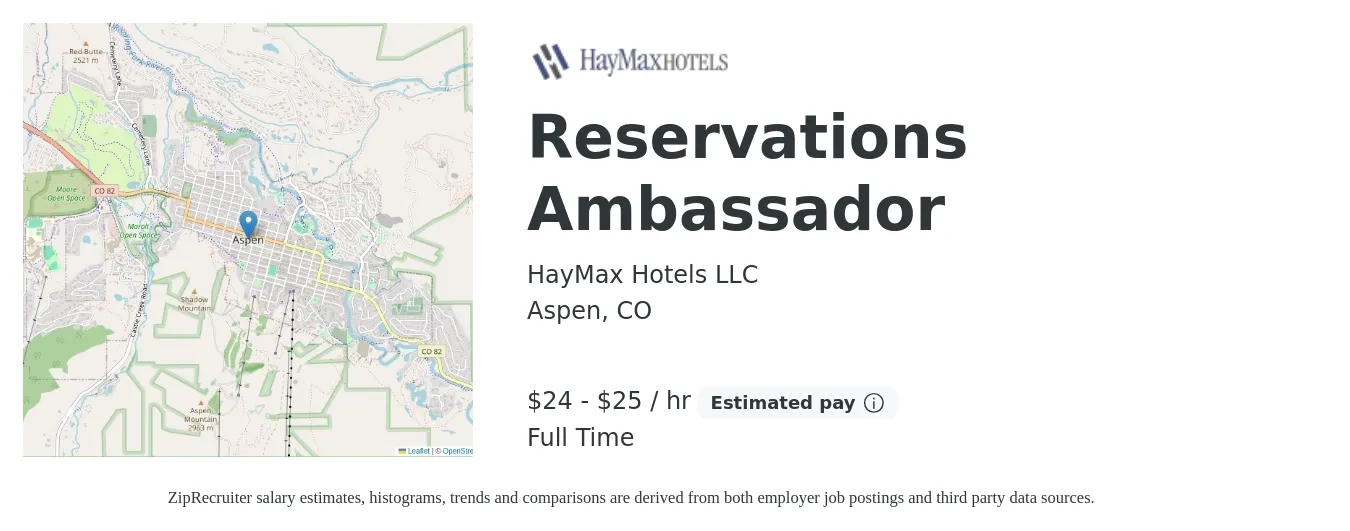 HayMax Hotels LLC job posting for a Reservations Ambassador in Aspen, CO with a salary of $25 to $27 Hourly with a map of Aspen location.