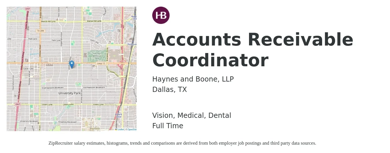 Haynes and Boone, LLP job posting for a Accounts Receivable Coordinator in Dallas, TX with a salary of $20 to $26 Hourly and benefits including medical, pto, retirement, vision, dental, and life_insurance with a map of Dallas location.
