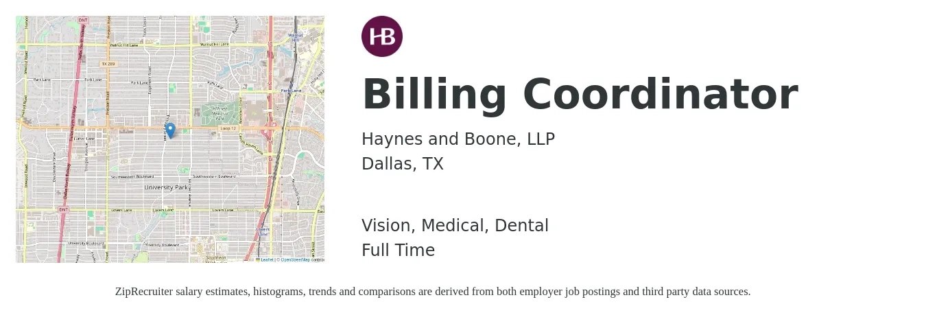 Haynes and Boone, LLP job posting for a Billing Coordinator in Dallas, TX with a salary of $20 to $32 Hourly and benefits including dental, life_insurance, medical, pto, retirement, and vision with a map of Dallas location.
