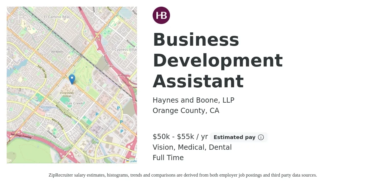 Haynes and Boone, LLP job posting for a Business Development Assistant in Orange County, CA with a salary of $50,000 to $55,000 Yearly and benefits including medical, pto, retirement, vision, dental, and life_insurance with a map of Orange County location.