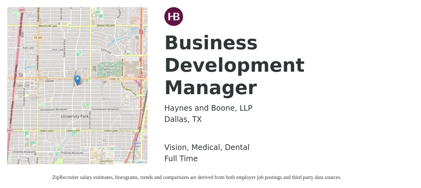 Haynes and Boone, LLP job posting for a Business Development Manager in Dallas, TX with a salary of $60,300 to $98,900 Yearly and benefits including pto, retirement, vision, dental, life_insurance, and medical with a map of Dallas location.