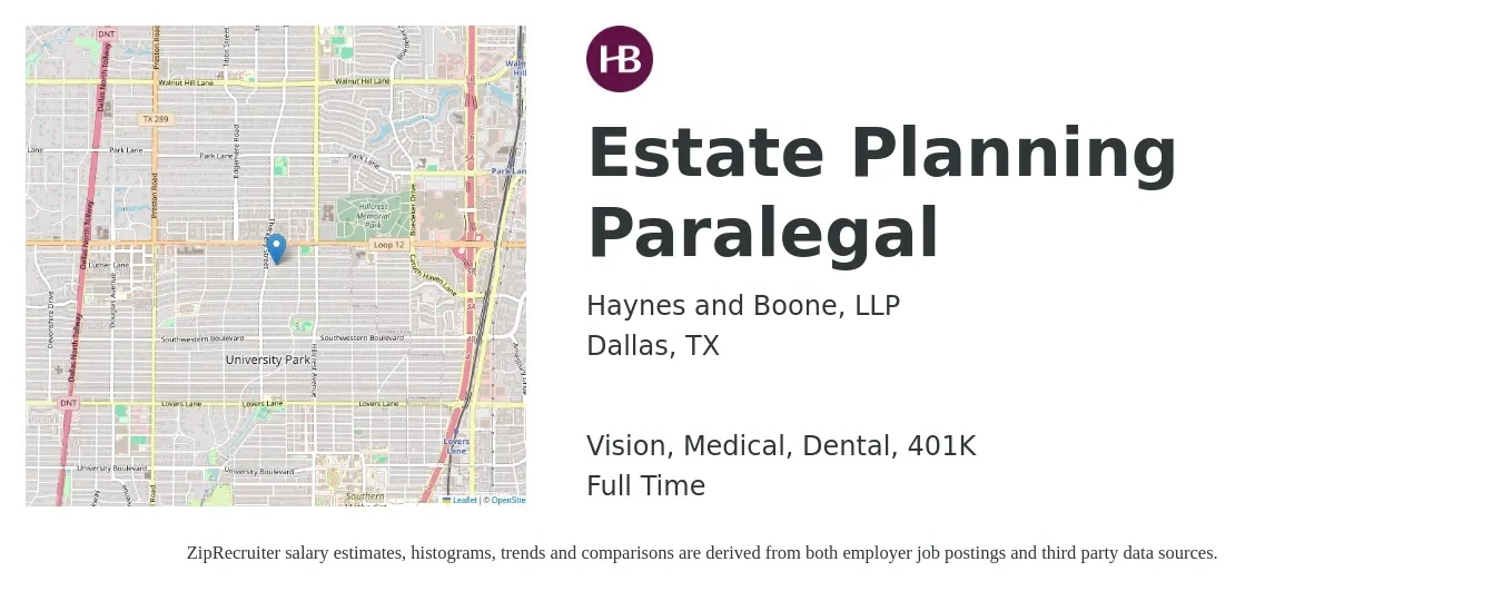 Haynes and Boone, LLP job posting for a Estate Planning Paralegal in Dallas, TX with a salary of $49,500 to $68,800 Yearly and benefits including medical, vision, 401k, dental, and life_insurance with a map of Dallas location.