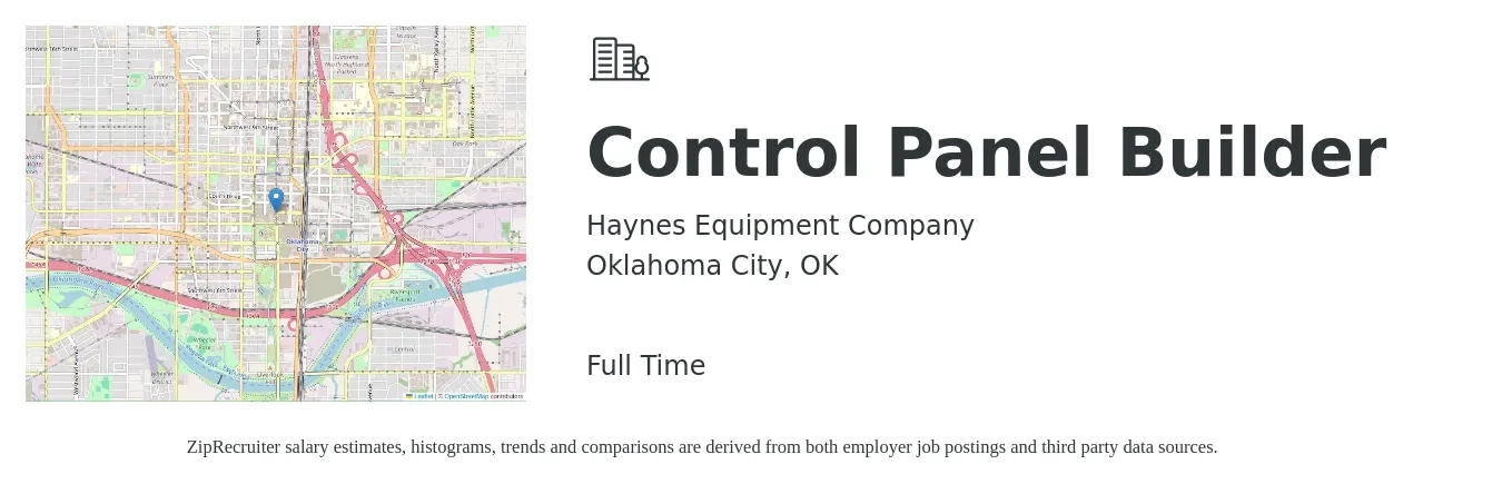 Haynes Equipment Company job posting for a Control Panel Builder in Oklahoma City, OK with a salary of $18 to $23 Hourly with a map of Oklahoma City location.