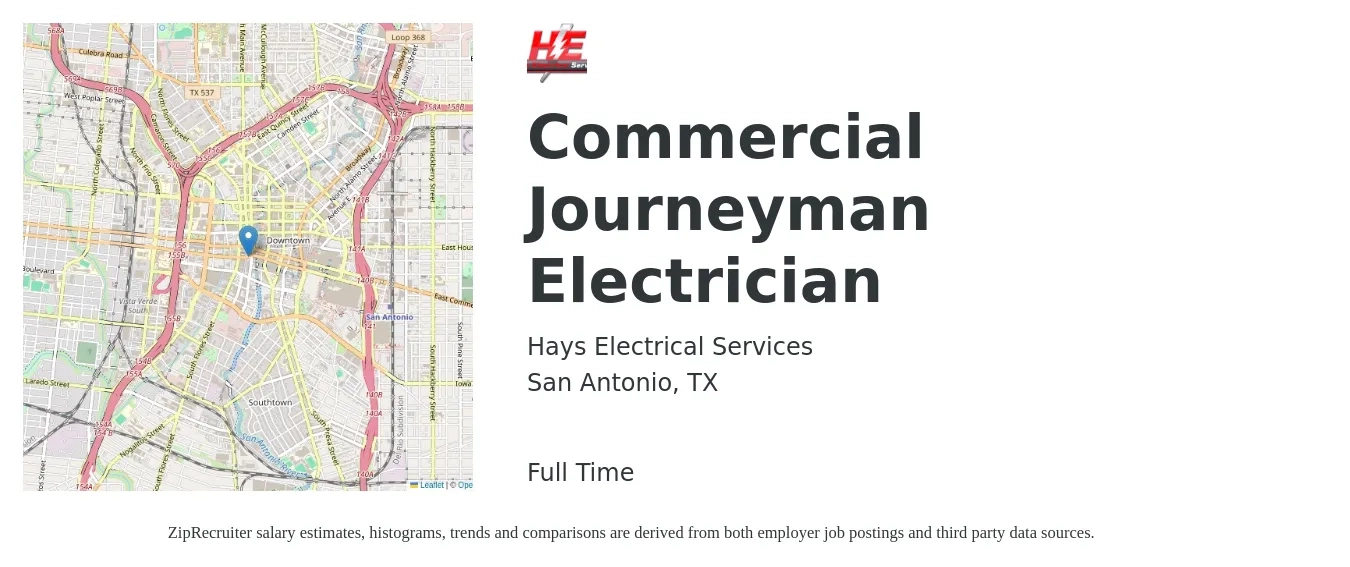 Hays Electrical Services job posting for a Commercial Journeyman Electrician in San Antonio, TX with a salary of $28 to $32 Hourly with a map of San Antonio location.