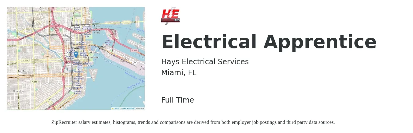 Hays Electrical Services job posting for a Electrical Apprentice in Miami, FL with a salary of $18 to $25 Hourly with a map of Miami location.