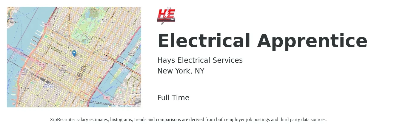 Hays Electrical Services job posting for a Electrical Apprentice in New York, NY with a salary of $21 to $29 Hourly with a map of New York location.