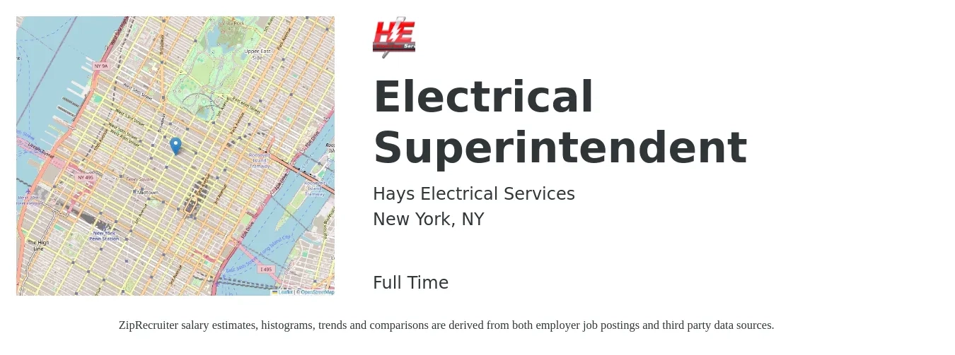 Hays Electrical Services job posting for a Electrical Superintendent in New York, NY with a salary of $34 to $52 Hourly with a map of New York location.
