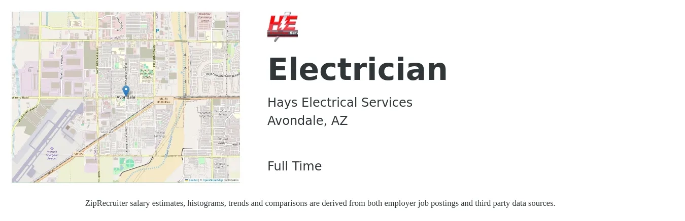 Hays Electrical Services job posting for a Electrician in Avondale, AZ with a salary of $26 to $36 Hourly with a map of Avondale location.