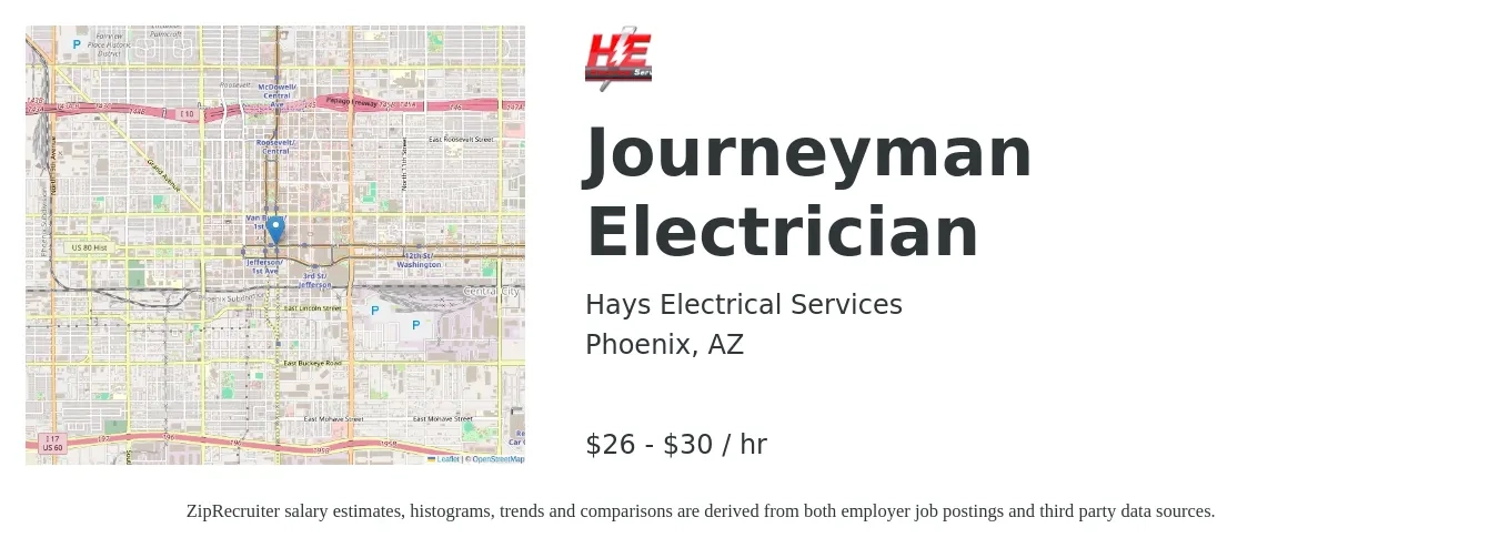 Hays Electrical Services job posting for a Journeyman Electrician in Phoenix, AZ with a salary of $28 to $32 Hourly with a map of Phoenix location.