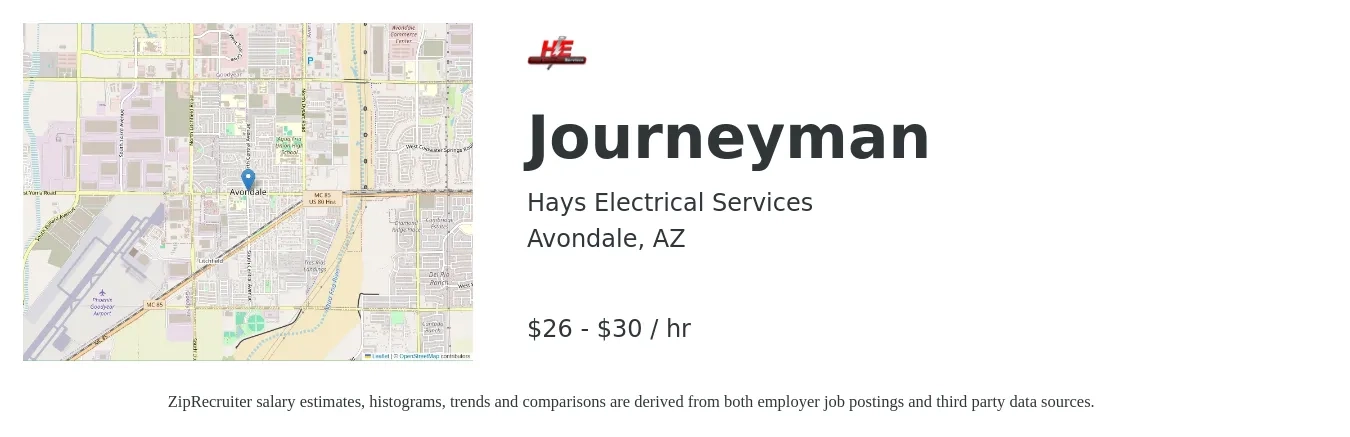 Hays Electrical Services job posting for a Journeyman in Avondale, AZ with a salary of $28 to $32 Hourly with a map of Avondale location.