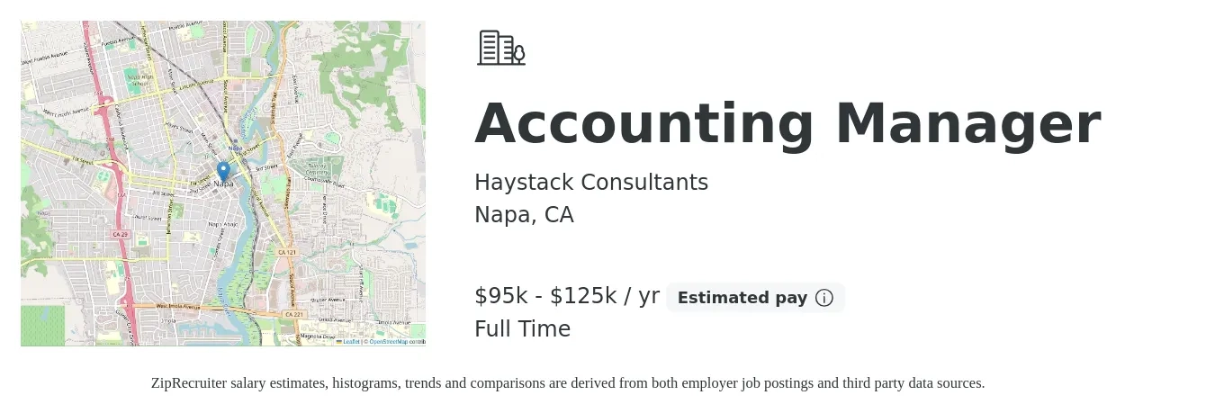 Haystack Consultants job posting for a Accounting Manager in Napa, CA with a salary of $95,000 to $125,000 Yearly with a map of Napa location.