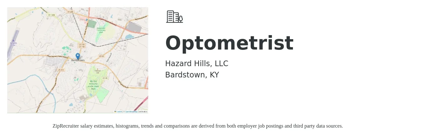 Hazard Hills, LLC job posting for a Optometrist in Bardstown, KY with a salary of $86,200 to $128,400 Yearly with a map of Bardstown location.