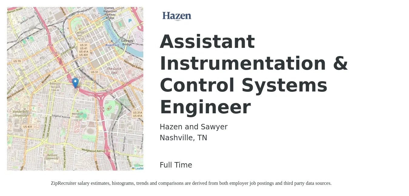 Hazen and Sawyer job posting for a Assistant Instrumentation & Control Systems Engineer in Nashville, TN with a salary of $81,200 to $122,200 Yearly with a map of Nashville location.