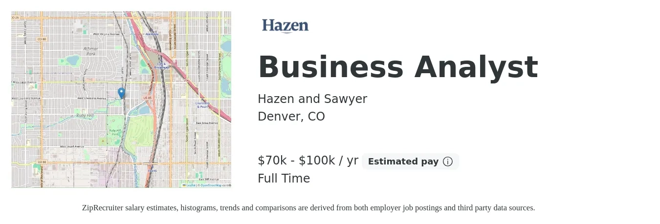 Hazen and Sawyer job posting for a Business Analyst in Denver, CO with a salary of $70,000 to $100,000 Yearly with a map of Denver location.