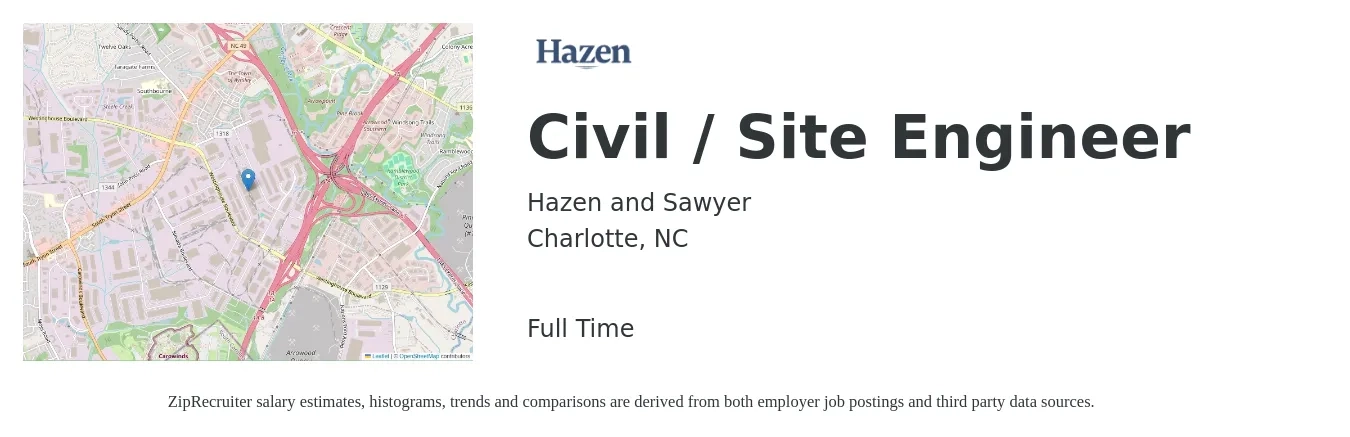 Hazen and Sawyer job posting for a Civil / Site Engineer in Charlotte, NC with a salary of $63,500 to $92,700 Yearly with a map of Charlotte location.