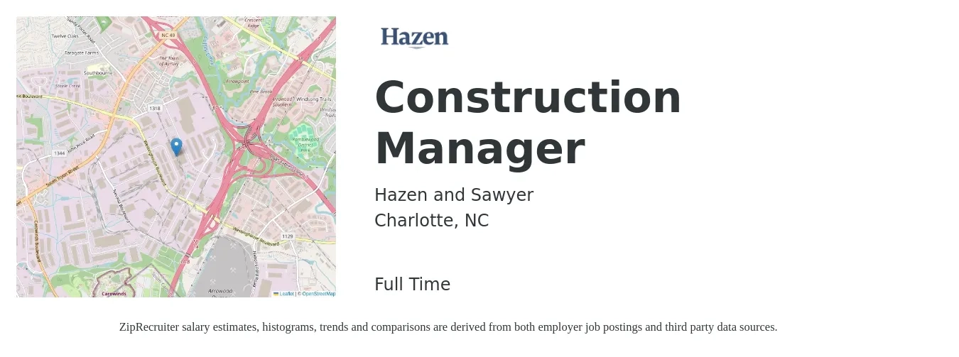Hazen and Sawyer job posting for a Construction Manager in Charlotte, NC with a salary of $66,800 to $108,700 Yearly with a map of Charlotte location.