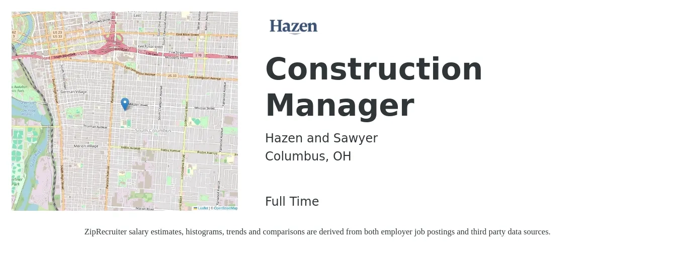 Hazen and Sawyer job posting for a Construction Manager in Columbus, OH with a salary of $68,100 to $110,800 Yearly with a map of Columbus location.