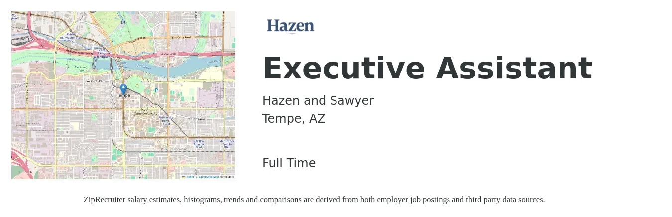 Hazen and Sawyer job posting for a Executive Assistant in Tempe, AZ with a salary of $48,600 to $72,900 Yearly with a map of Tempe location.