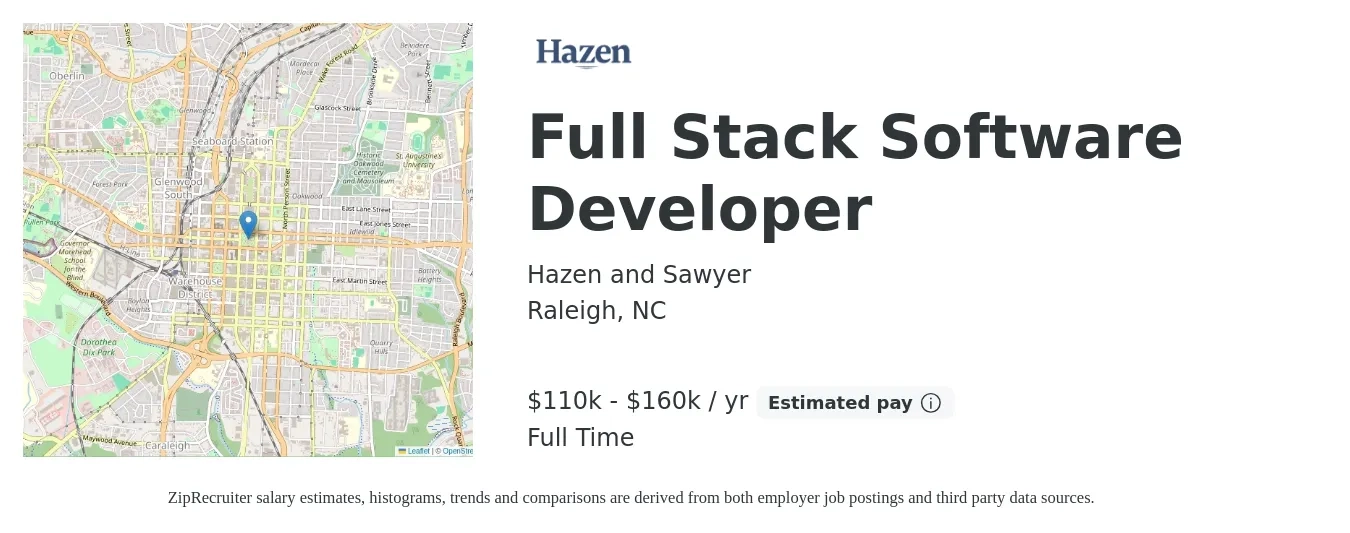 Hazen and Sawyer job posting for a Full Stack Software Developer in Raleigh, NC with a salary of $110,000 to $160,000 Yearly with a map of Raleigh location.