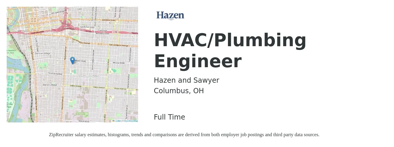 Hazen and Sawyer job posting for a HVAC/Plumbing Engineer in Columbus, OH with a salary of $81,600 to $102,700 Yearly with a map of Columbus location.