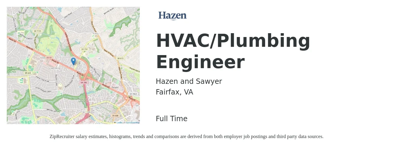 Hazen and Sawyer job posting for a HVAC/Plumbing Engineer in Fairfax, VA with a salary of $87,000 to $109,500 Yearly with a map of Fairfax location.