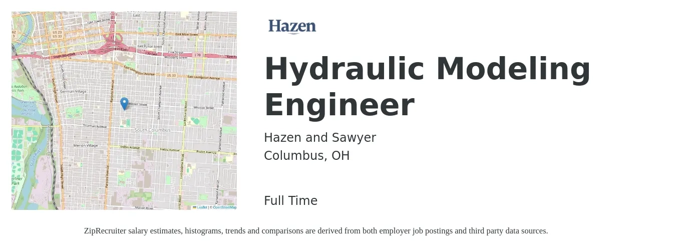 Hazen and Sawyer job posting for a Hydraulic Modeling Engineer in Columbus, OH with a salary of $59,500 to $106,500 Yearly with a map of Columbus location.