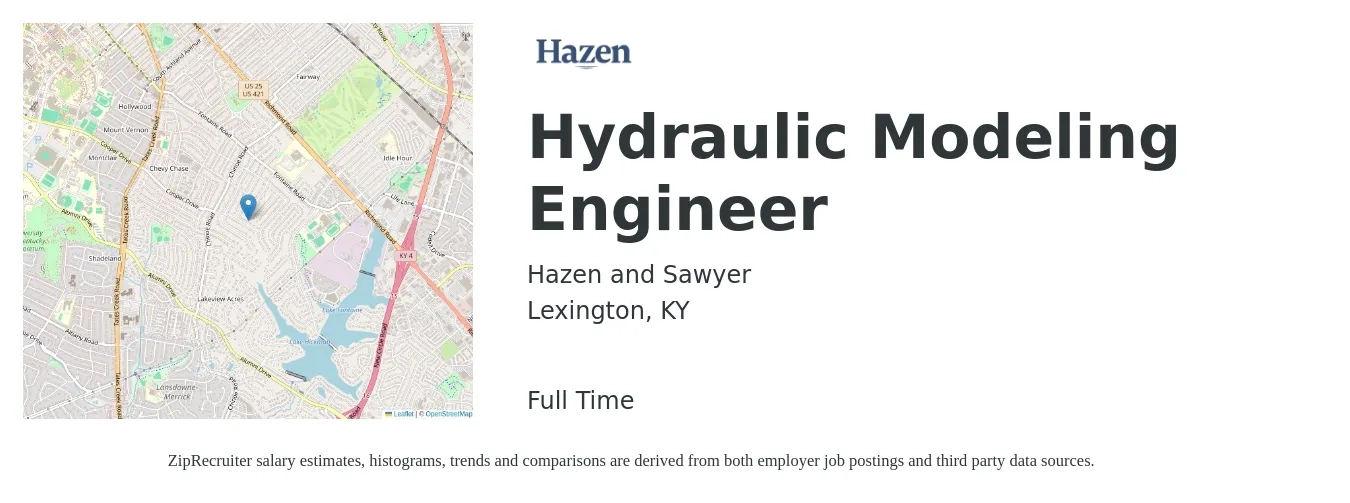 Hazen and Sawyer job posting for a Hydraulic Modeling Engineer in Lexington, KY with a salary of $54,300 to $97,200 Yearly with a map of Lexington location.
