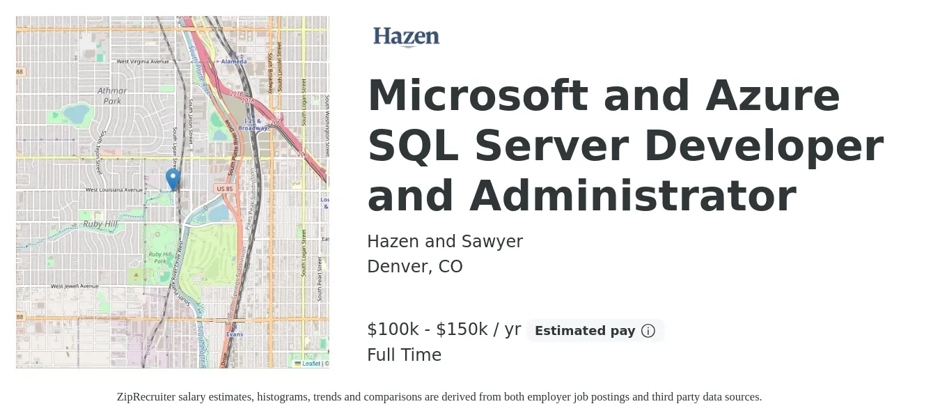 Hazen and Sawyer job posting for a Microsoft and Azure SQL Server Developer and Administrator in Denver, CO with a salary of $100,000 to $150,000 Yearly with a map of Denver location.